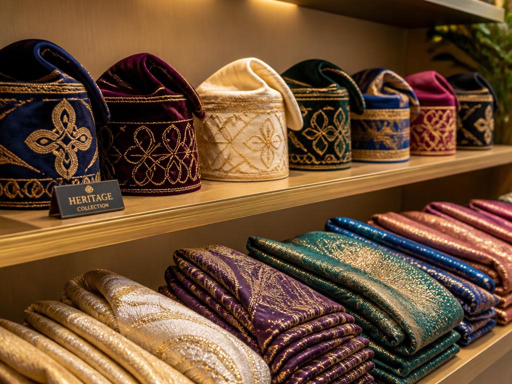 Embroidered Nigerian men's caps (fila) displayed on a boutique shelf