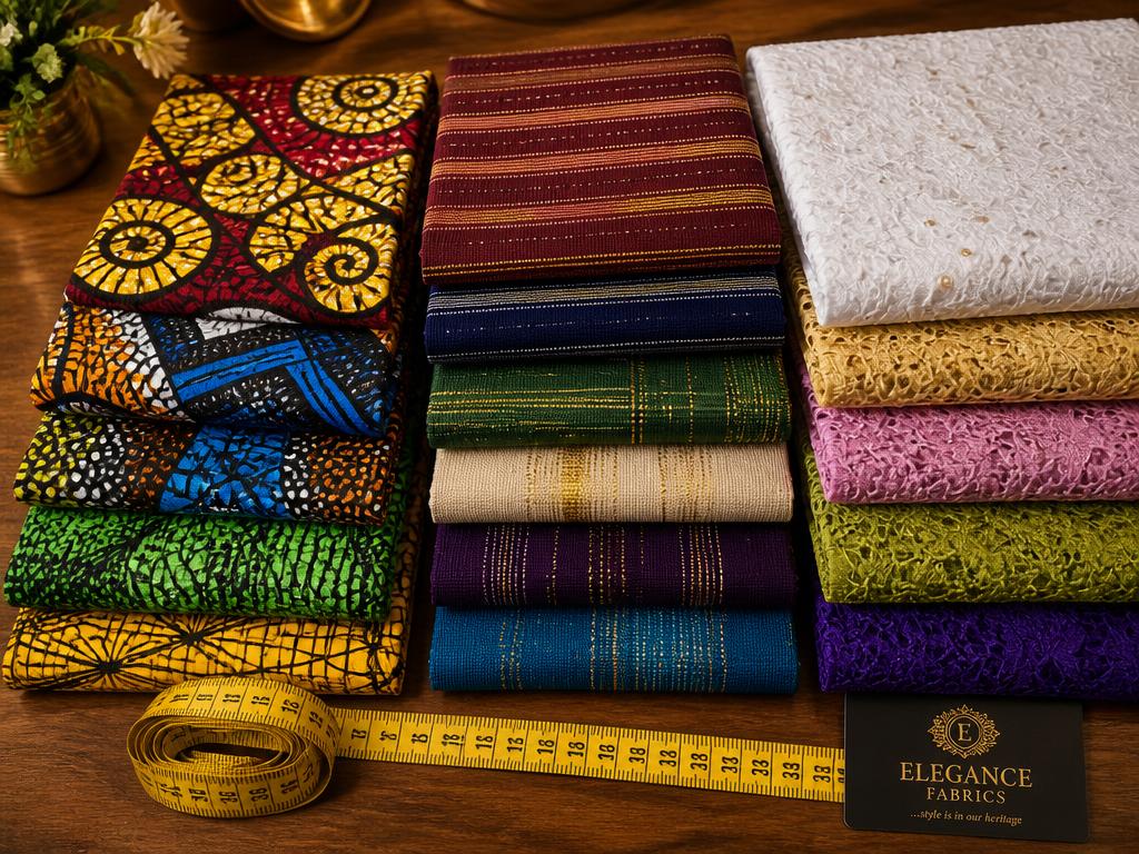 Stacked ankara, aso-oke and swiss lace fabrics with a tailor's measuring tape