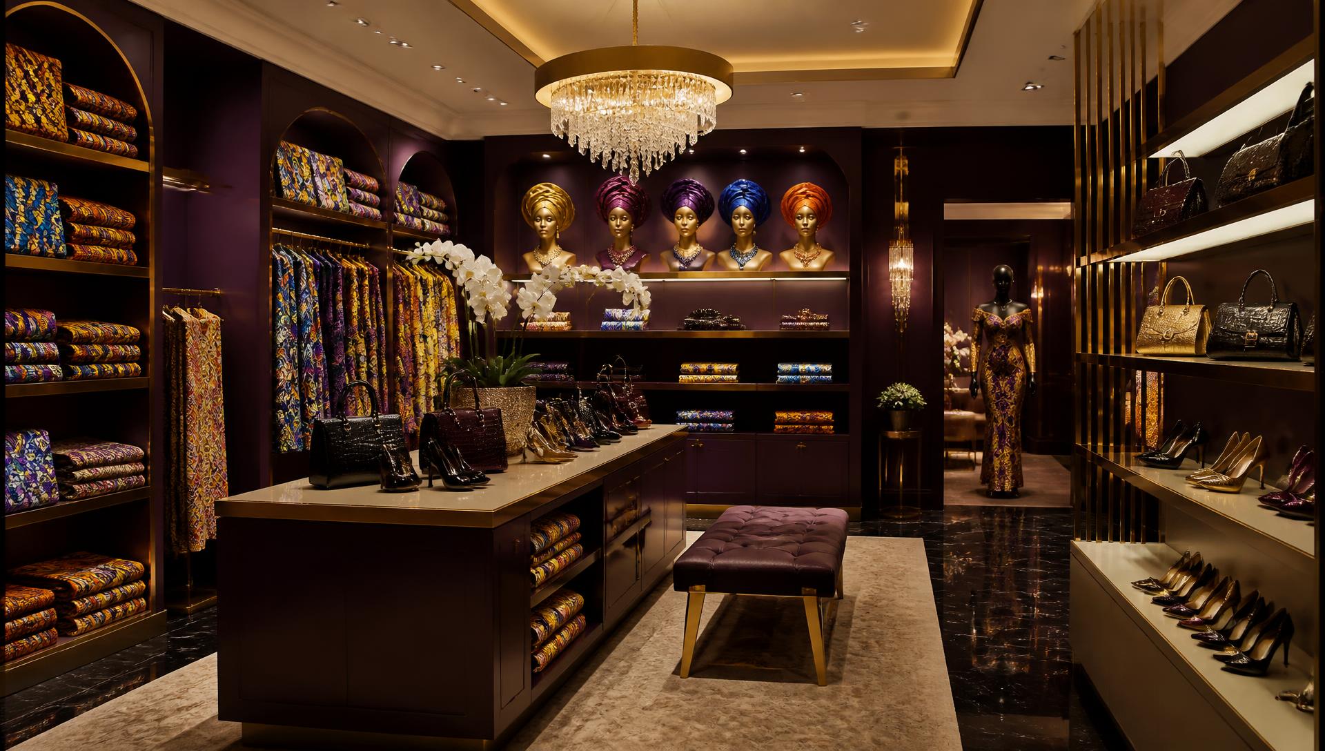 Interior of Shade Ade Asset Boutique with African fabrics, gele and Italian shoes on display