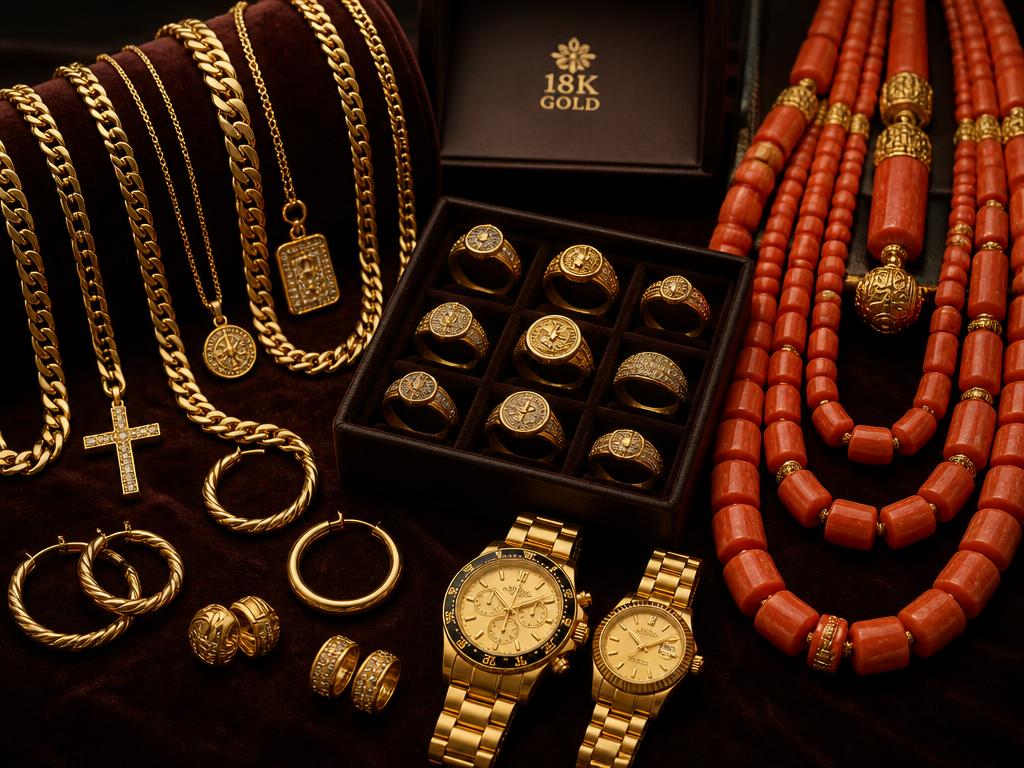 Gold chains, rings, earrings, watches and Nigerian coral bead necklaces on dark velvet