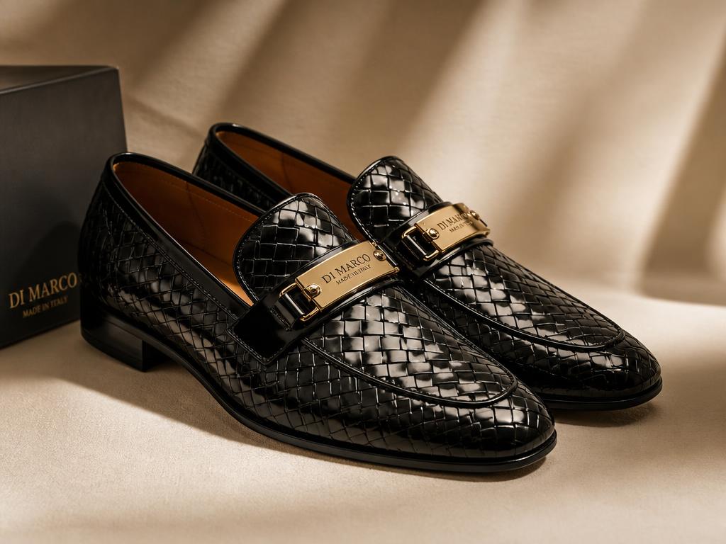 Black woven patent leather Italian men's loafers with gold buckle